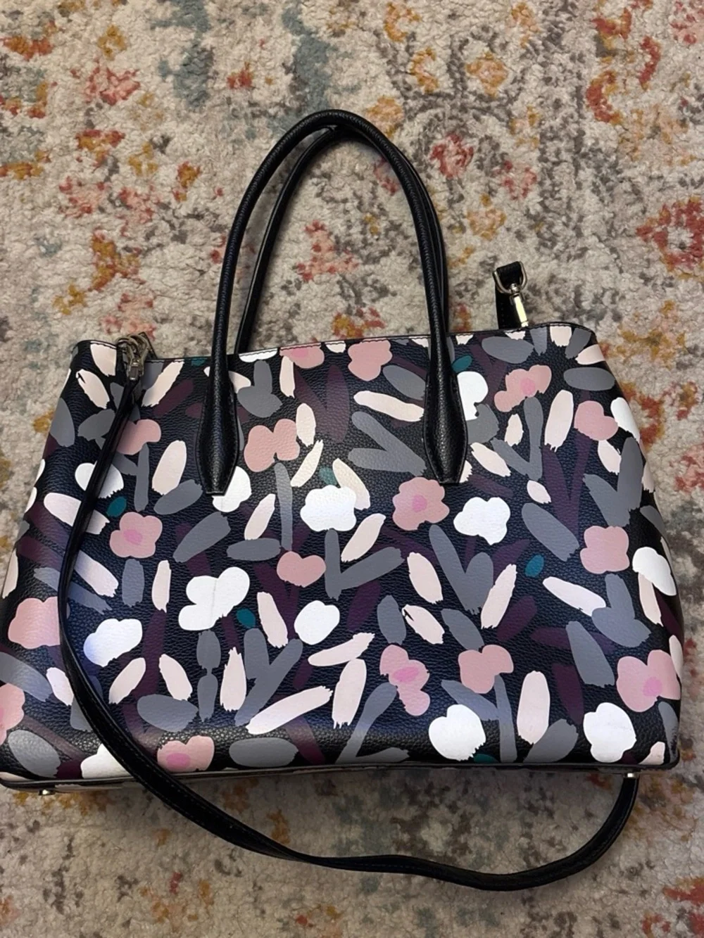 kate spade Black Floral-Abstract Leather Tote with Pink and Gray Accents